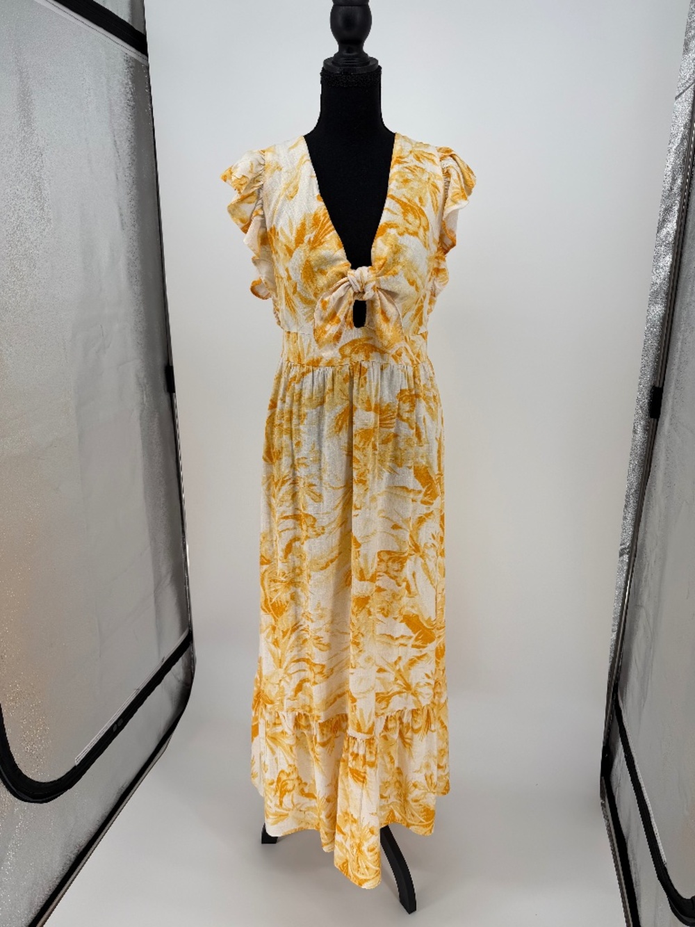 Express Yellow Tropical Floral Tie Front Cutout Maxi Dress S